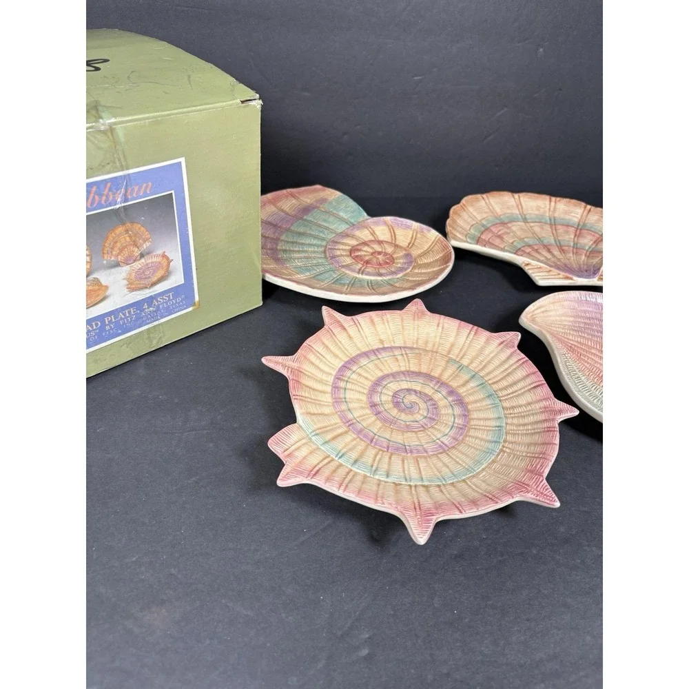 Vintage 1996 Fitz & Floyd Caribbean Seashell Salad Plates Set of 4 Box